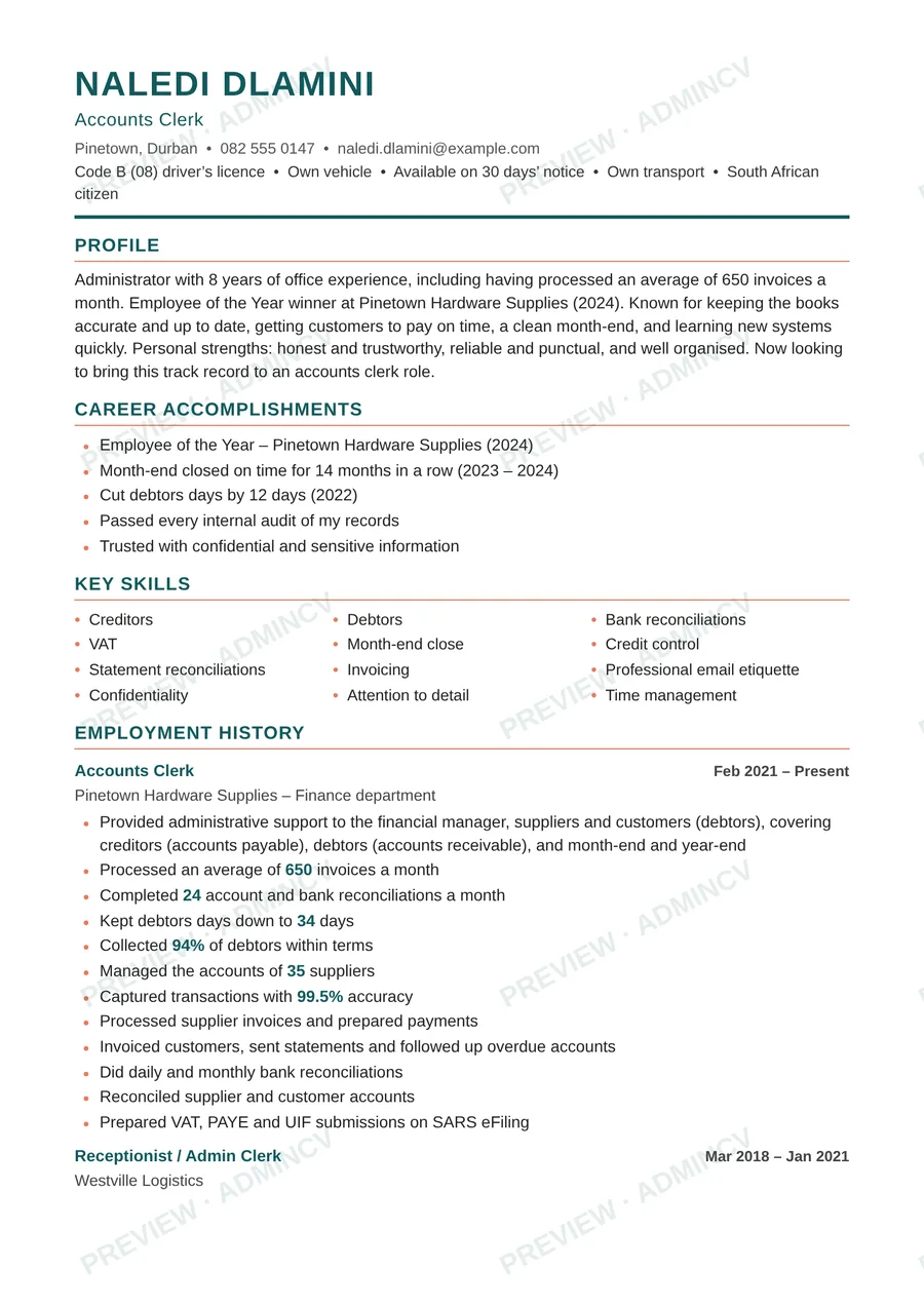 A sample admin CV made with MyAdminCV, with a profile, accomplishments, key skills and employment history