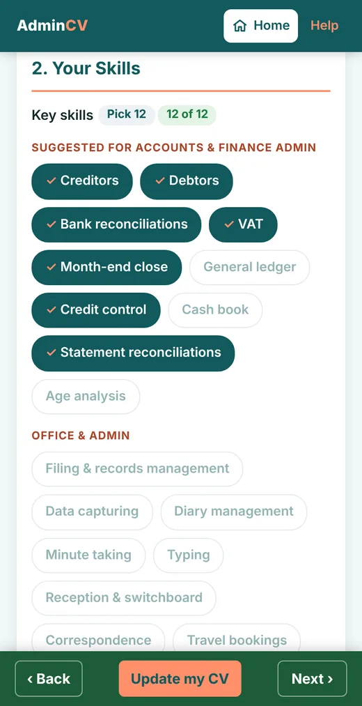 The CV form on a phone: tap the skills that fit you