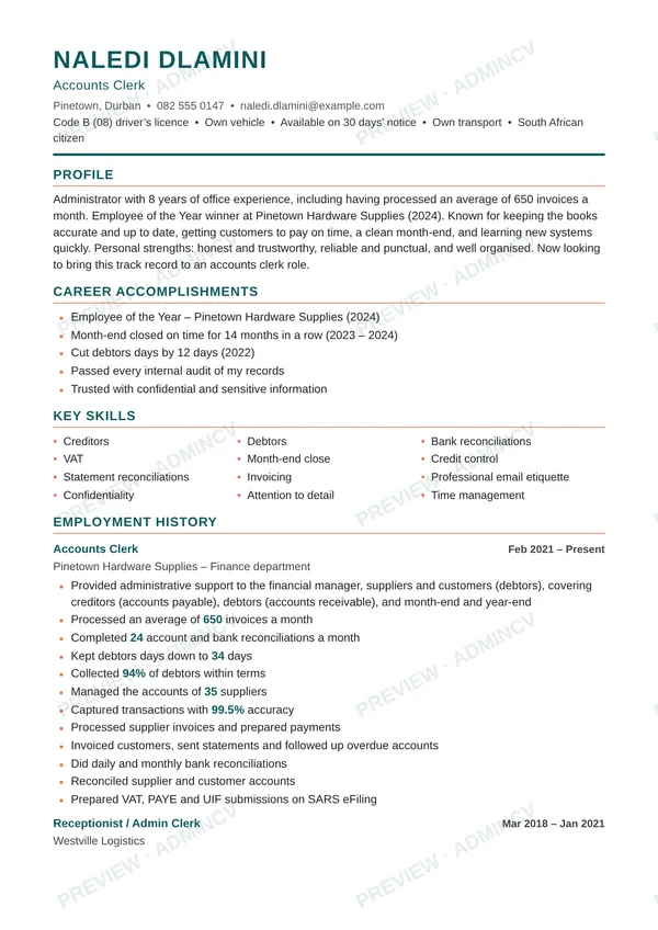 Sample CV for an accounts clerk (made-up person)